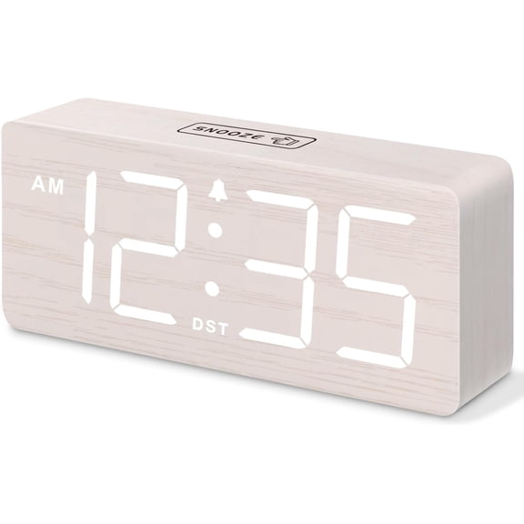 Wooden Digital Alarm Clock for Bedroom - Desk Clock for Living Room with Large Numbers, Dimmer, Loud Alarm for Heavy Sleepers with Volume Control, DST, Office Wood Decor (Plug in Clock)