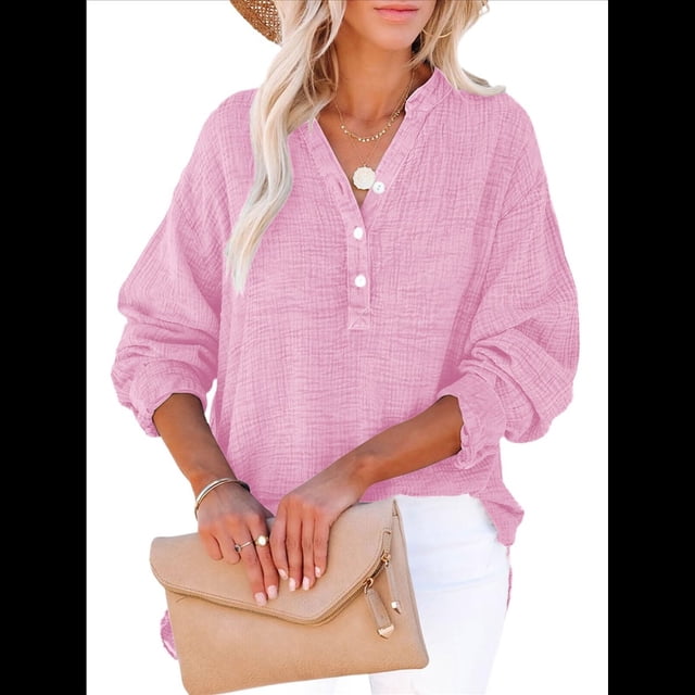 Blusas Casuales de Larga con Cuello en V y Botones para Mujer, Blusas Lisas de Gran Tamaño. Rosa XL