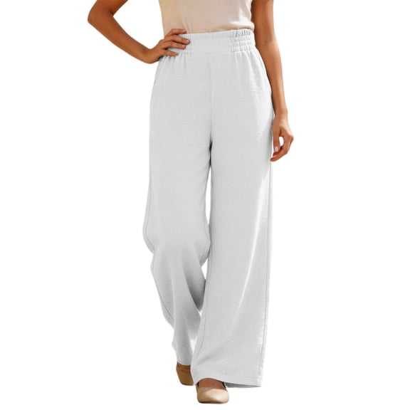 Arlun Casual Wide Leg Palazzo Pants for Women Loose Fit Straight Leg Trousers with Pockets Lace Elastic High Waisted Pleated Trim Detail Comfortable Flowy Bottoms White XL