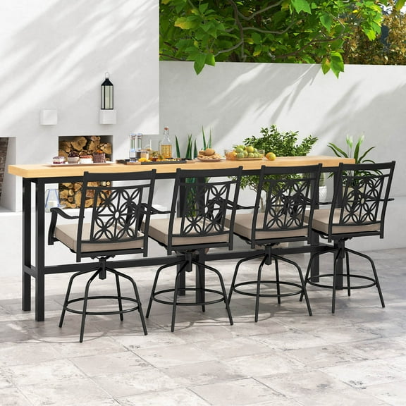 Costway Outdoor 360°Swivel Bar Stools Set of 4 with Seat Cushions High Back & Armrests