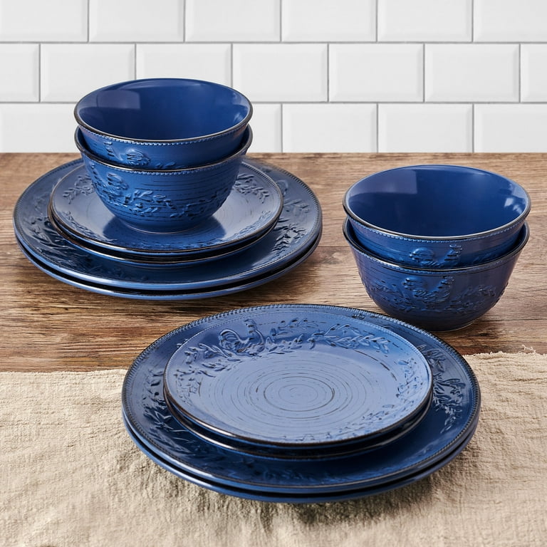 Pfaltzgraff Trellis 12 Piece Stoneware Dinnerware Set Rooster Blue