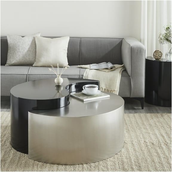 JERFIT Modern Coffee Table with Yin Yang Design, Metal Frame, Powder Coated in Black and Silver for Living Room