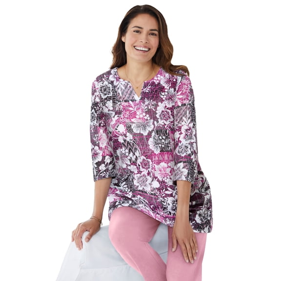 Woman Within Plus Size 7-Day Three-Quarter Sleeve Notch-Neck Tunic