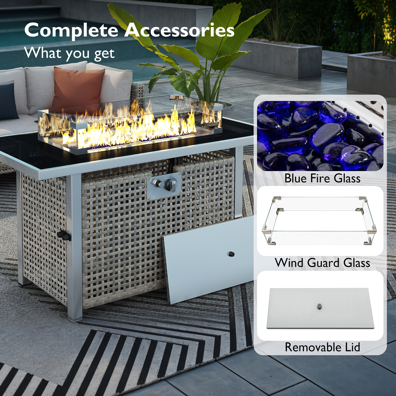 43" Propane Fire Pit Table for Outside Patio, 60,000 BTU Outdoor Fire Table with Glass Wind Guard & Steel Frame - Grey