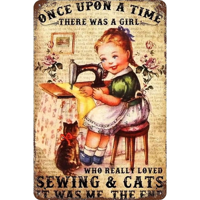 Girls Retro Art Metal Tin Sign Some Girls Loved Sewing And Cats Retro Poster Wall Art Decor Metal Sign 8x12inch