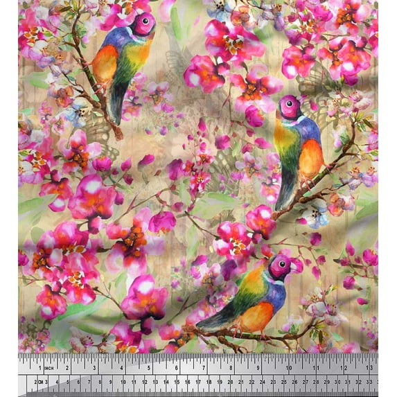 Soimoi Orange Rayon Fabric Stripe,Floral & American Robin Bird Print Fabric by The Yard 42 Inch Wide