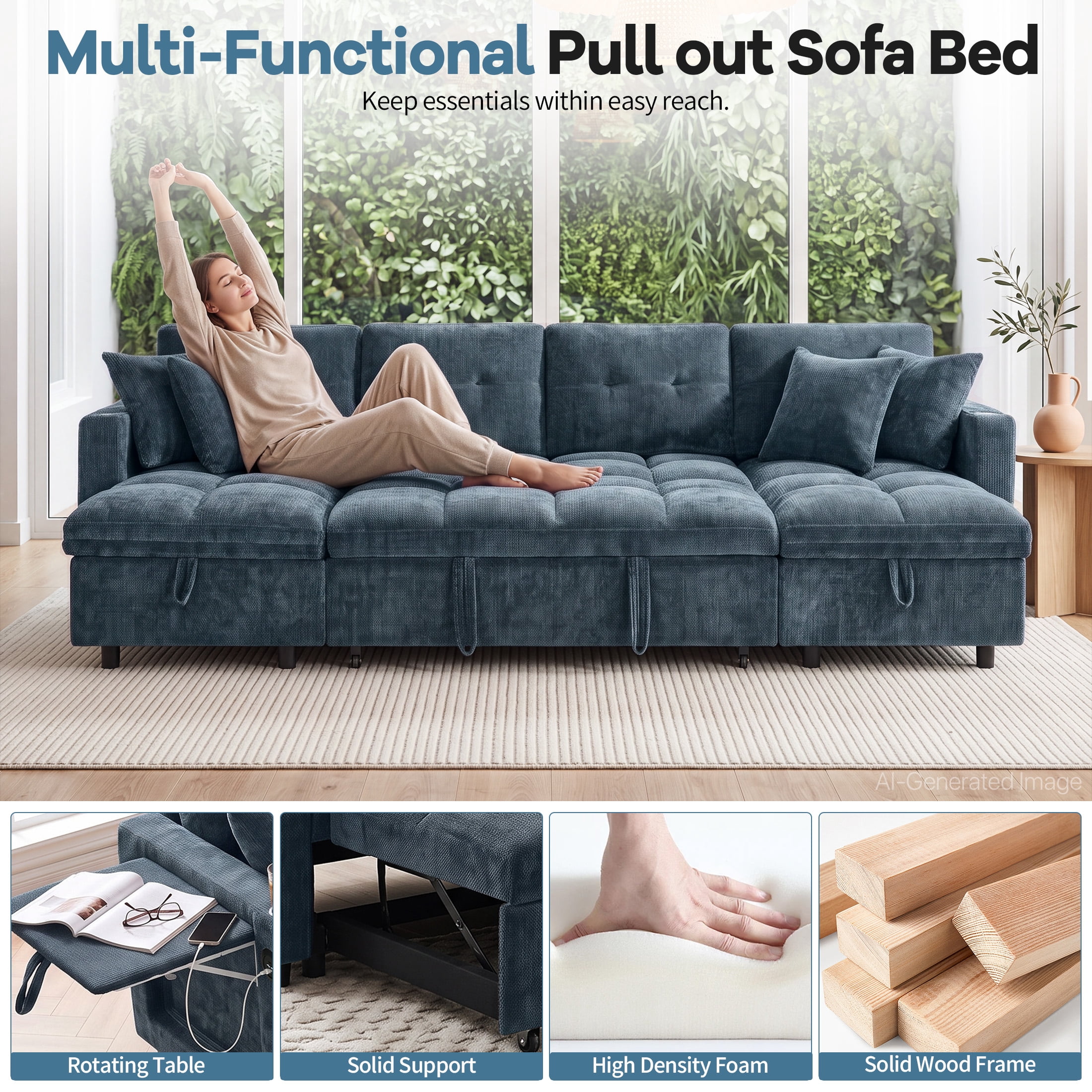 Aenkyo 108" Chenille U-Shaped Sectional Pull Out Sofa Bed with Dual Storage Chaises, Blue