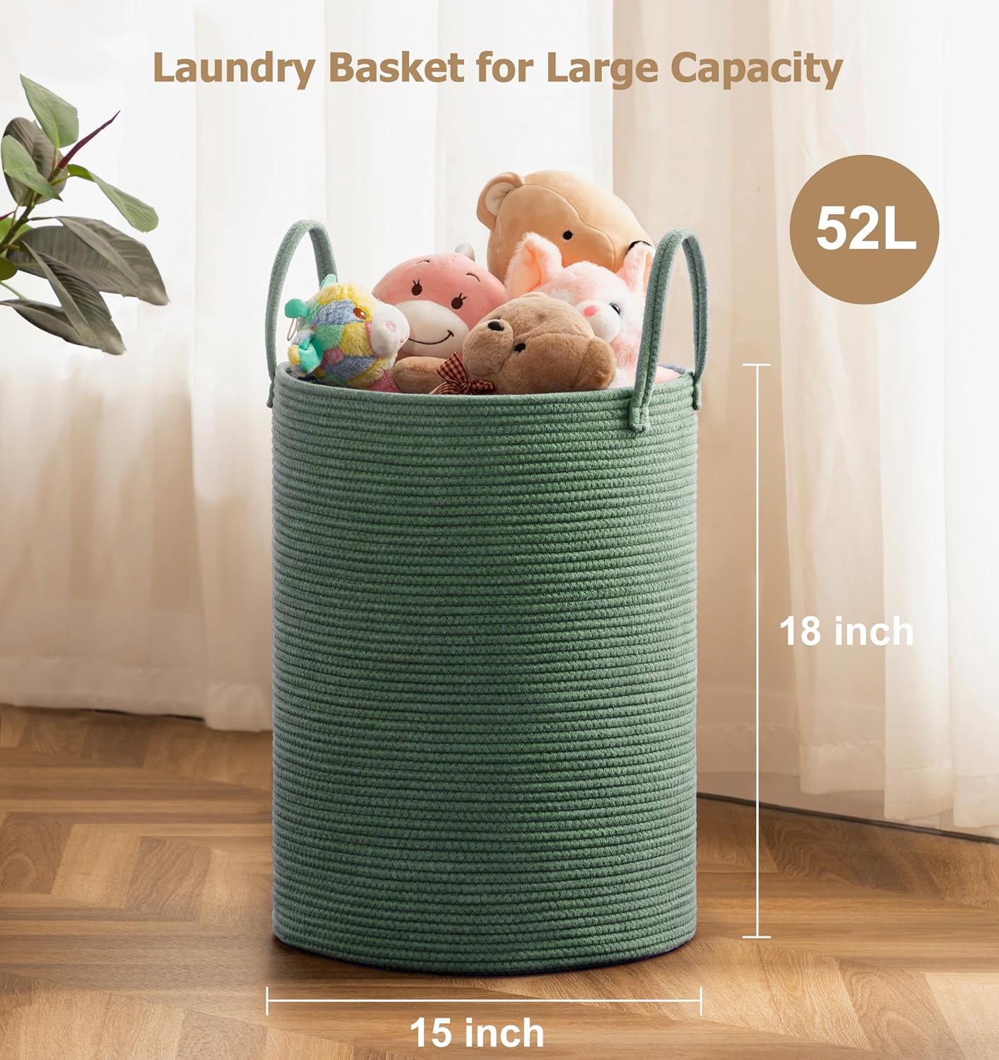 TT-Laundry Basket, 52L Woven Laundry Hamper, Baby Nursery Hamper for Toys, Blanket Basket for Living Room, Clothes Hamper for Bedroom&Baby Room, Green