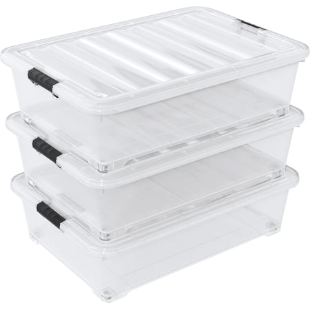 50 Quart Large Under-Bed Storage Bins 3-Pack Clear Plastic Latching Storage Boxes with Wheels