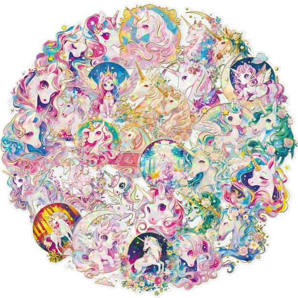 Paquete de pegatinas con forma de unicornio holográfico, 30 unidades, Dreamy Fantasy Vin