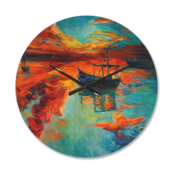 Designart 'Fishing Sailing Boat at Red Sunset Glow' Modern Wood Wall Clock