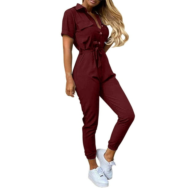Gibobby Mono Corto Informal Monos de manga corta para mujer con mono de bolsillo Casual sólido y estampado con cinturón pantalones de verano delgado con botón(Rojo, XXL)