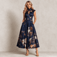 thumbnail image 4 of KLHDSF Elegant Dresses For Women Sleeveless Floral Print High Waist Flared Midi Summer Dress Dark Blue M, 4 of 5