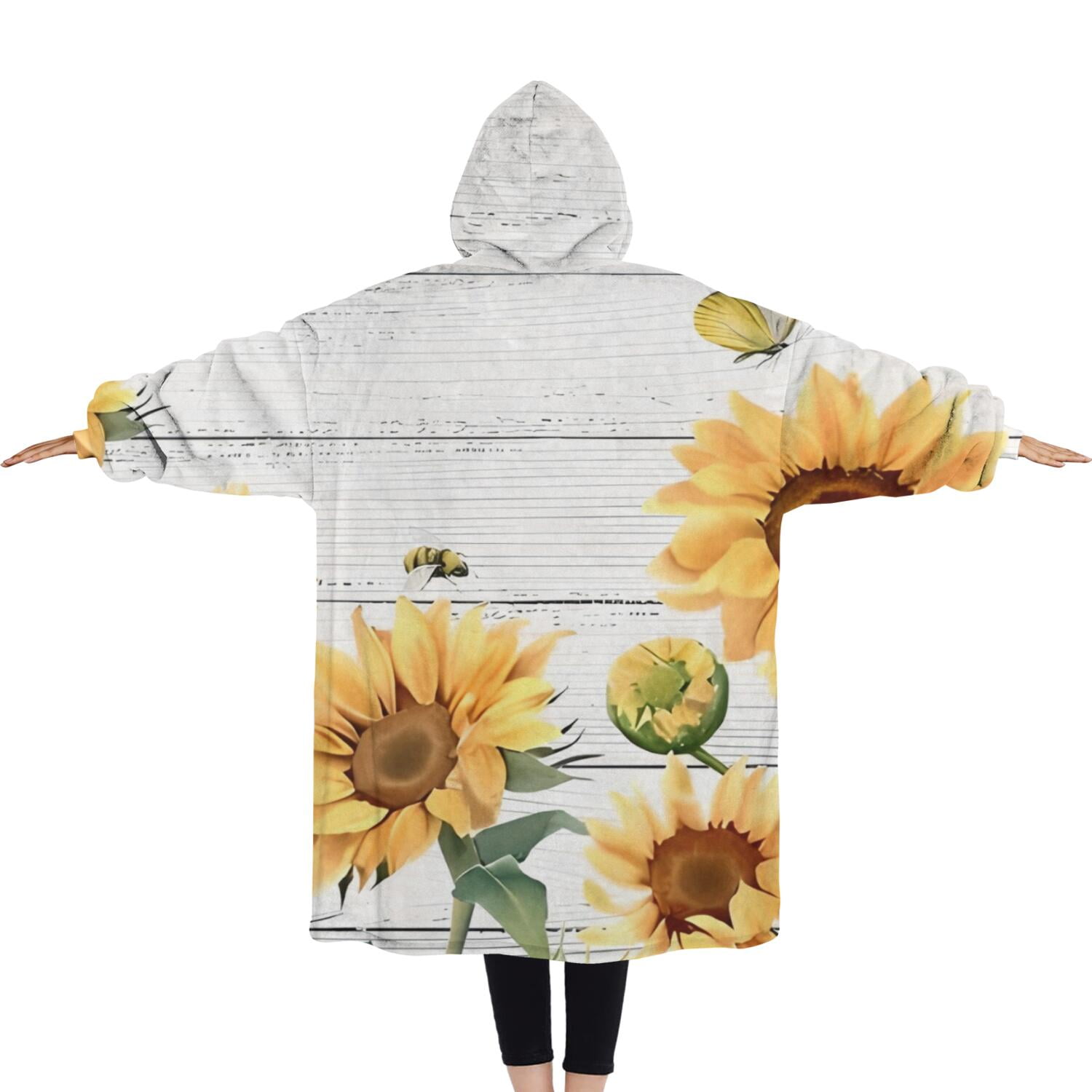 Oversized Wearable Blanket Hoodie,White Sunflower Bee Butterfly Pattern Sherpa Blanket Hoodie with Super Pockets,Super Warm Fuzzy Pullover for Women & Men