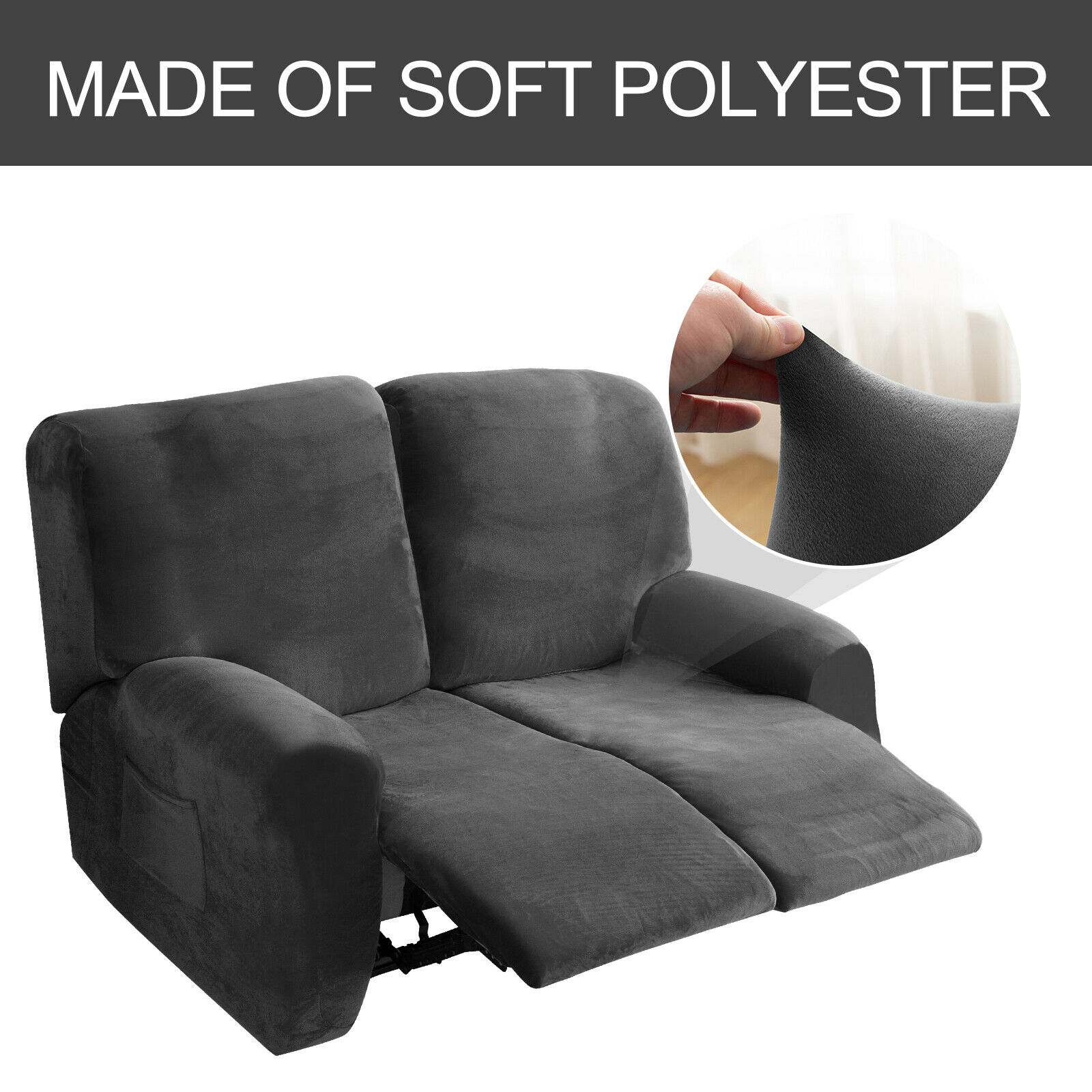SHANNA Reclining Love Seat Slipcover, 2-Seater 6-Piece Velvet Stretch Loveseat Reclining Sofa Covers, Dark Gray