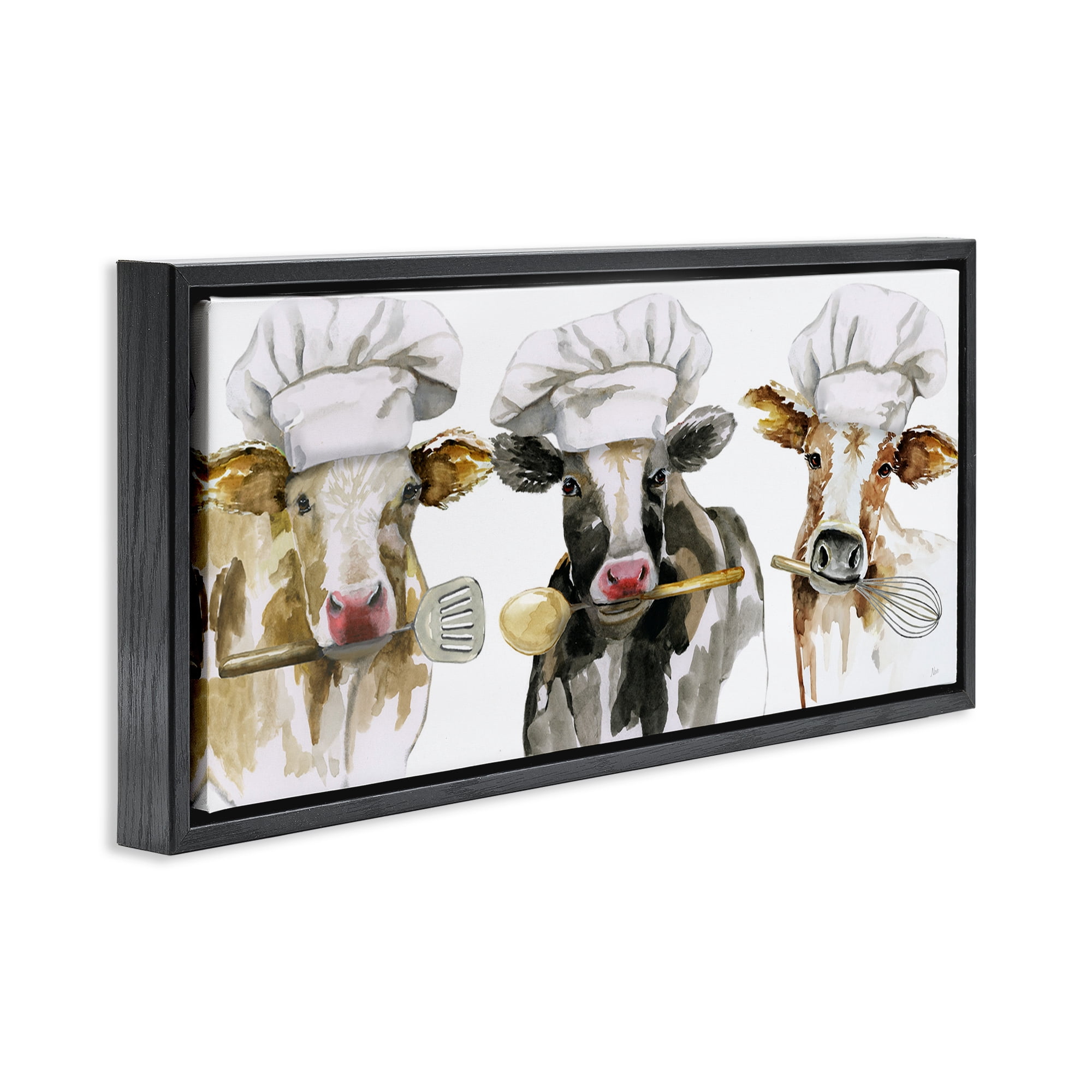 Stupell Industries Cow Chefs with Utensils Black Framed Floater Canvas Wall Art, design by Nan
