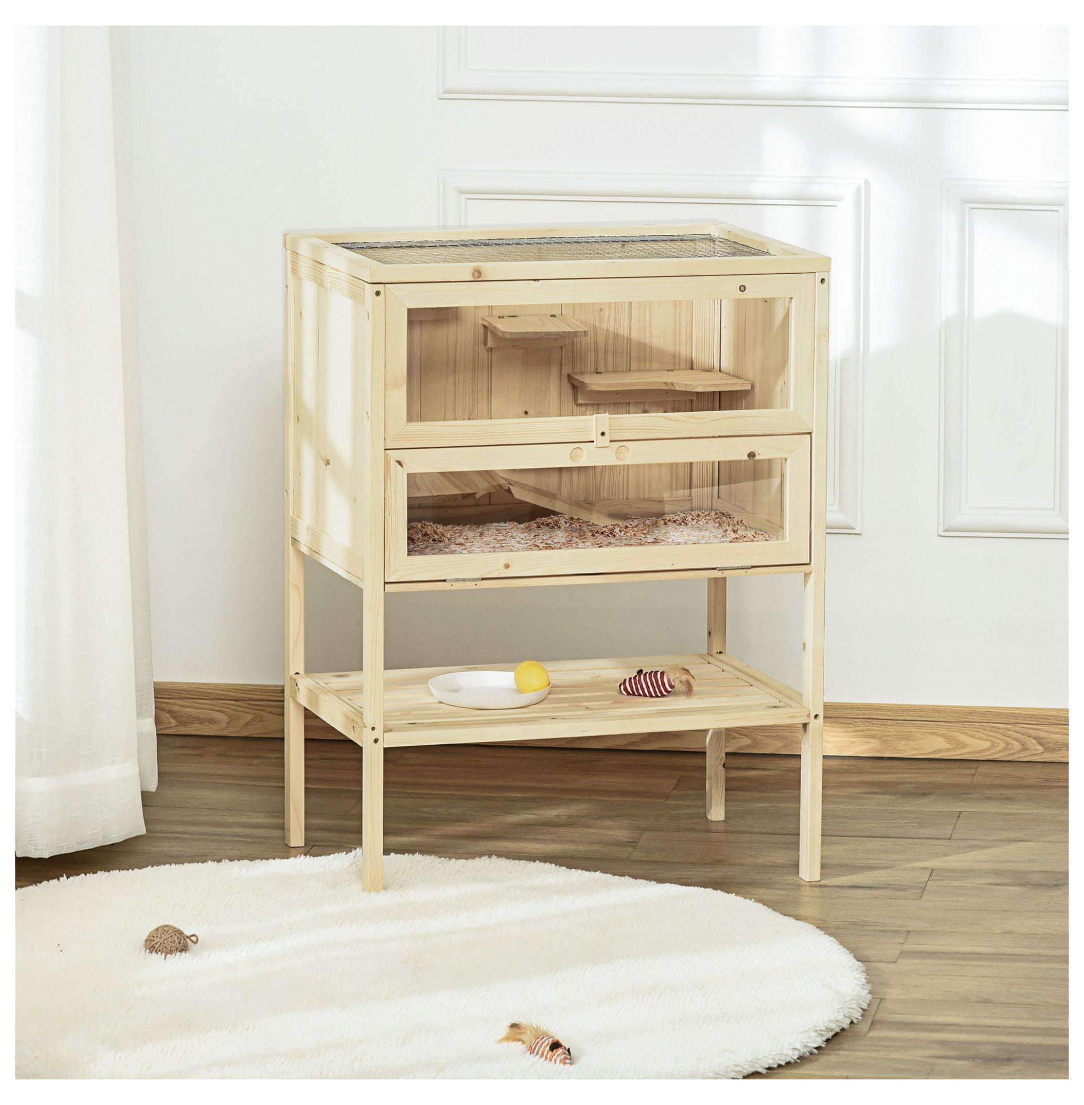 3-Tier Wooden Large Hamster Cage, Mice and Rat Cage Small Animals Hutch with Openable Top, Front Door, , Nature