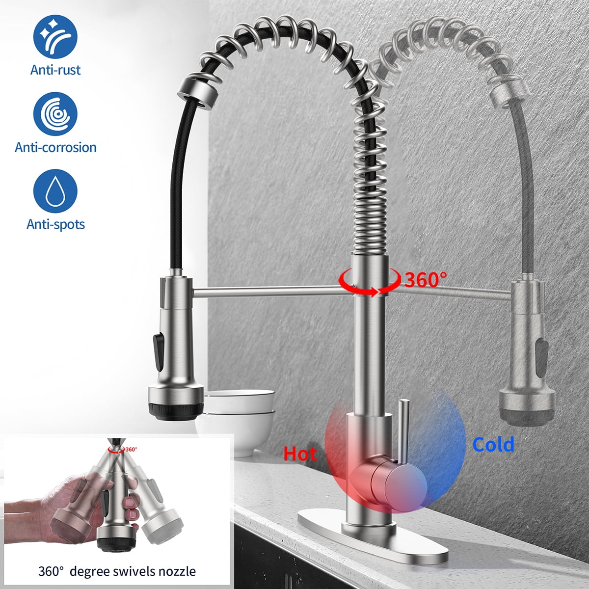 Izzovium Commercial Kitchen Faucet with Pull Down Sprayer, 4 Spraying Modes, Single Handle, Brushed Nickel Finish, Fits 1 or 3 Hole Sink, 1.8 GPM Flow Rate
