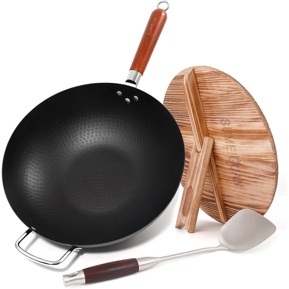 13.5" Carbon Steel Wok Pan - Pre-Seasoned Flat Bottom Woks & Stir-fry Pans Chinese Cookware with Lid & Spatula - For Pan-fry,Stir Fry, Steam, BBQ & Camping - Compatible with Induction, Gas