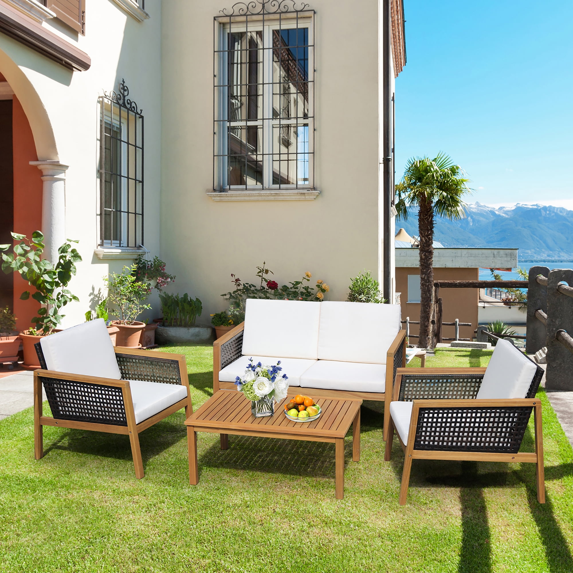 Costway 4PCS Patio Rattan Furniture Set Acacia Wood Cushioned Sofa Off White