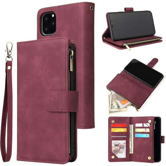 Wallet Case for iPhone 11 Pro, Premium Vintage PU Leather Magnetic Closure Handbag Zipper Pocket Case Kickstand Card Holder Slots with Wrist Strap TPU Shockproof Flip Cover - Wine Red