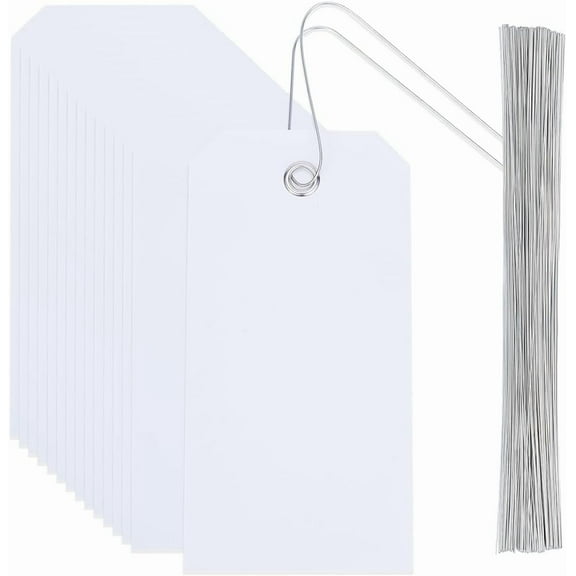 White 100Pcs 4.7 x 2.4 Inch White Plastic Tags with Wire Waterproof Shipping Tag Rectangle Heavy Duty Hang Tag with Iron Wires Name Identification Labels for Hanging Name Card Handbag Luggage Gift