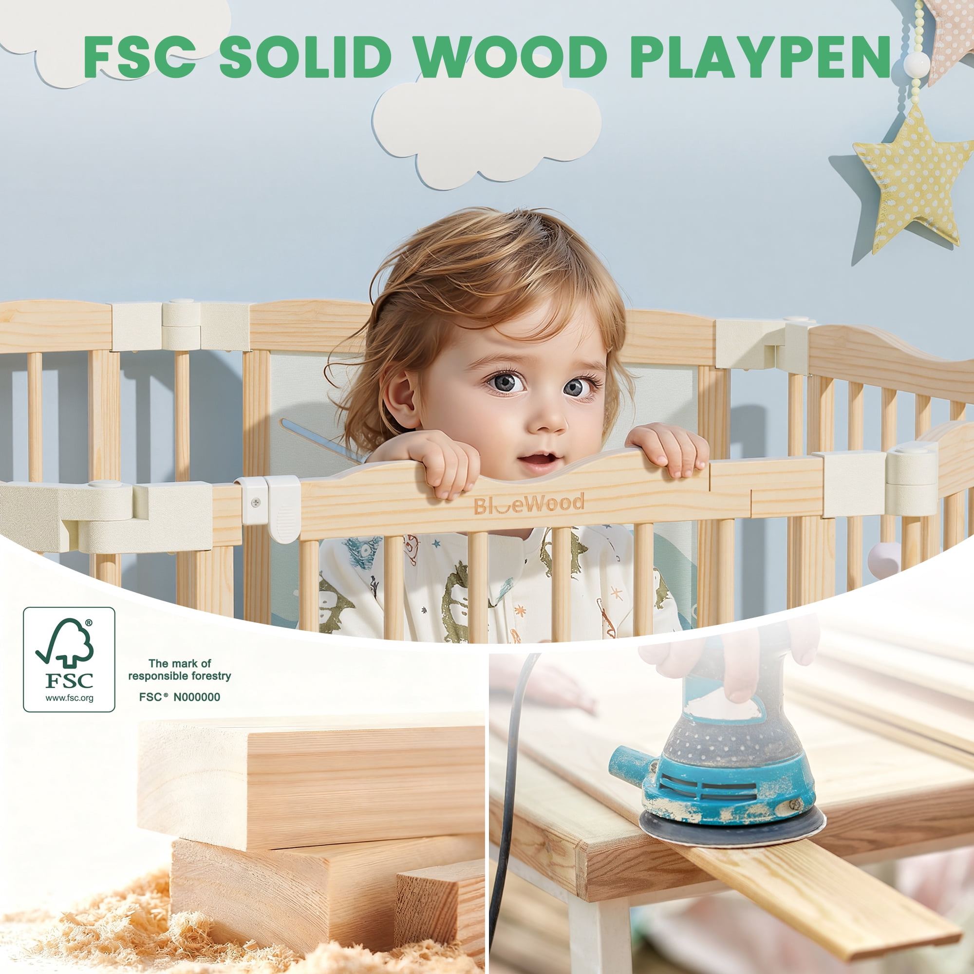 WoodTooy 8-Panel Solid Pine Wood Kids Safety Play Fence Set , Easy Assembly for Indoor Play Areas