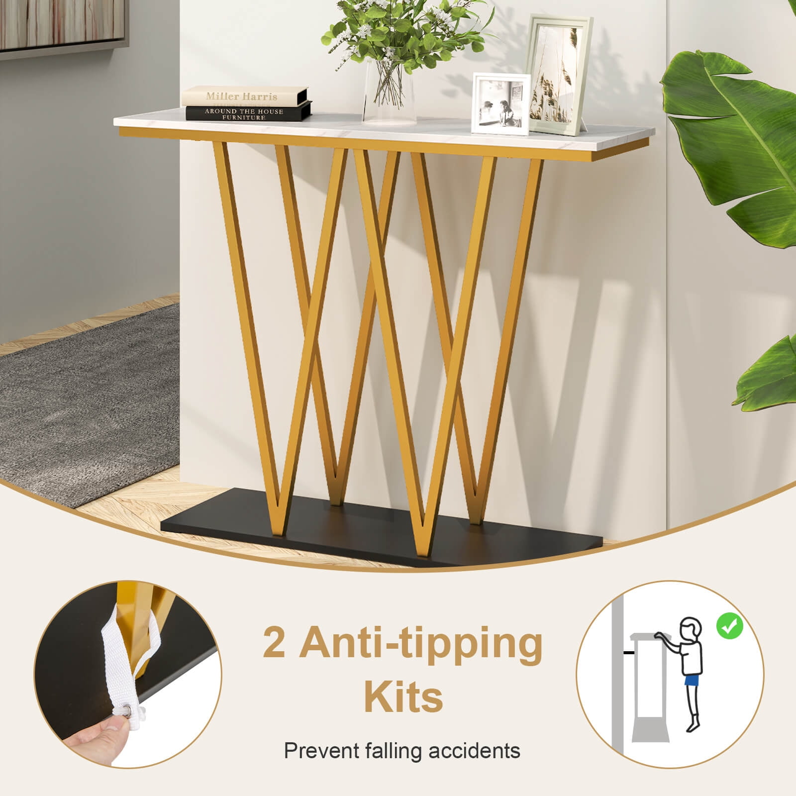 Costway 40” Gold Entryway Table with Faux Marble Table & Metal Frame, Storage Base, White