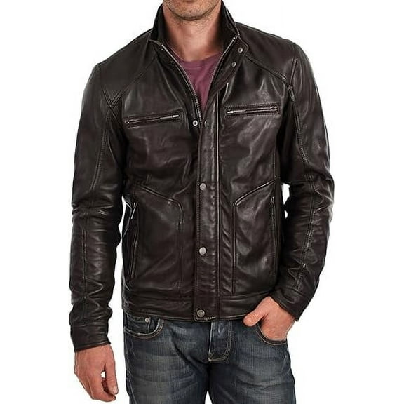Mens Sheepskin Real Leather Jacket Zipper Biker Moto Slim Fit Jacket A235