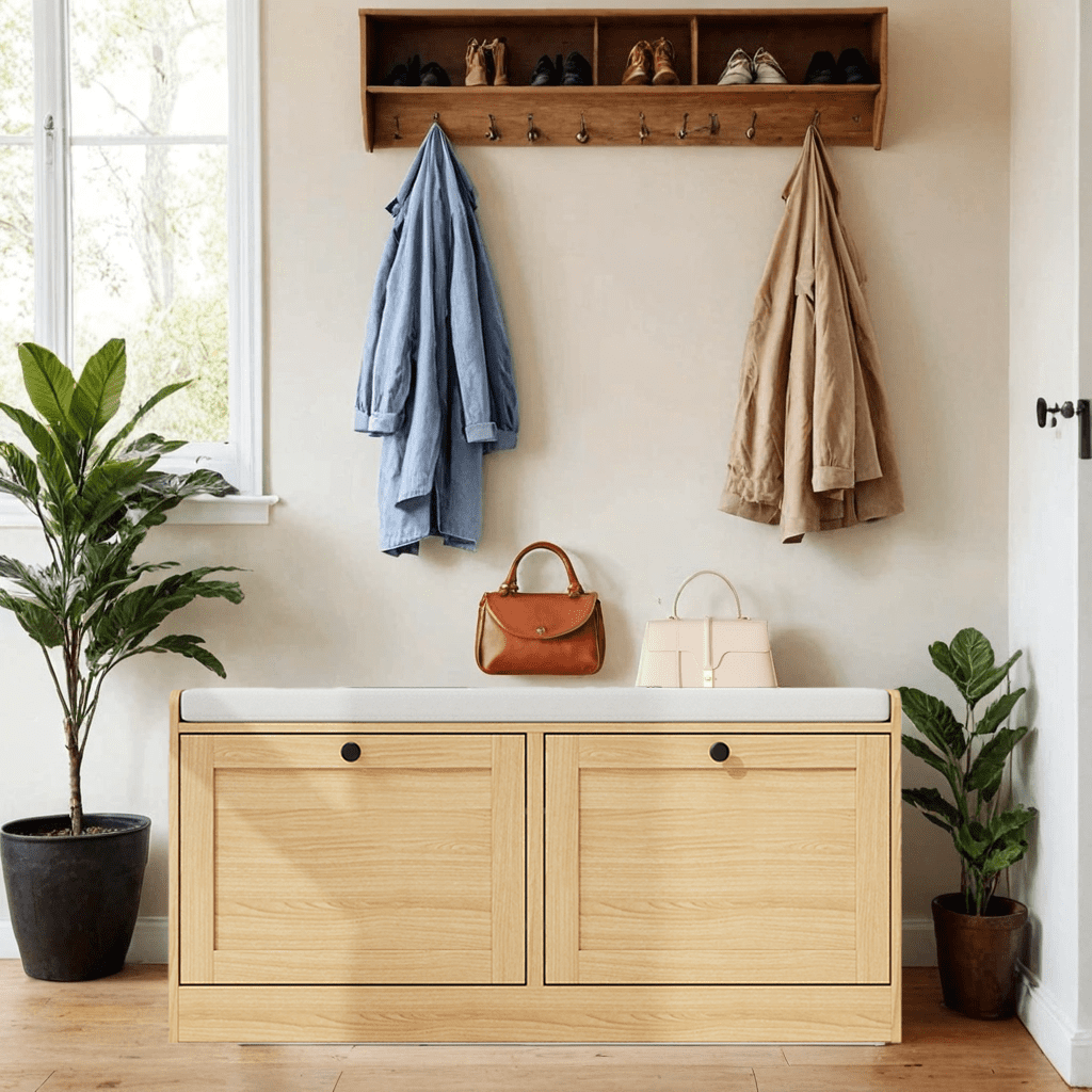 Oak Shoe Bench, Modern Entryway Bench with 2 Flip Drawers, Shoe Rack Bench with Padded Seat Cushion, Wooden Shoe Storage Bench for Entryway, Bedroom and Apartment