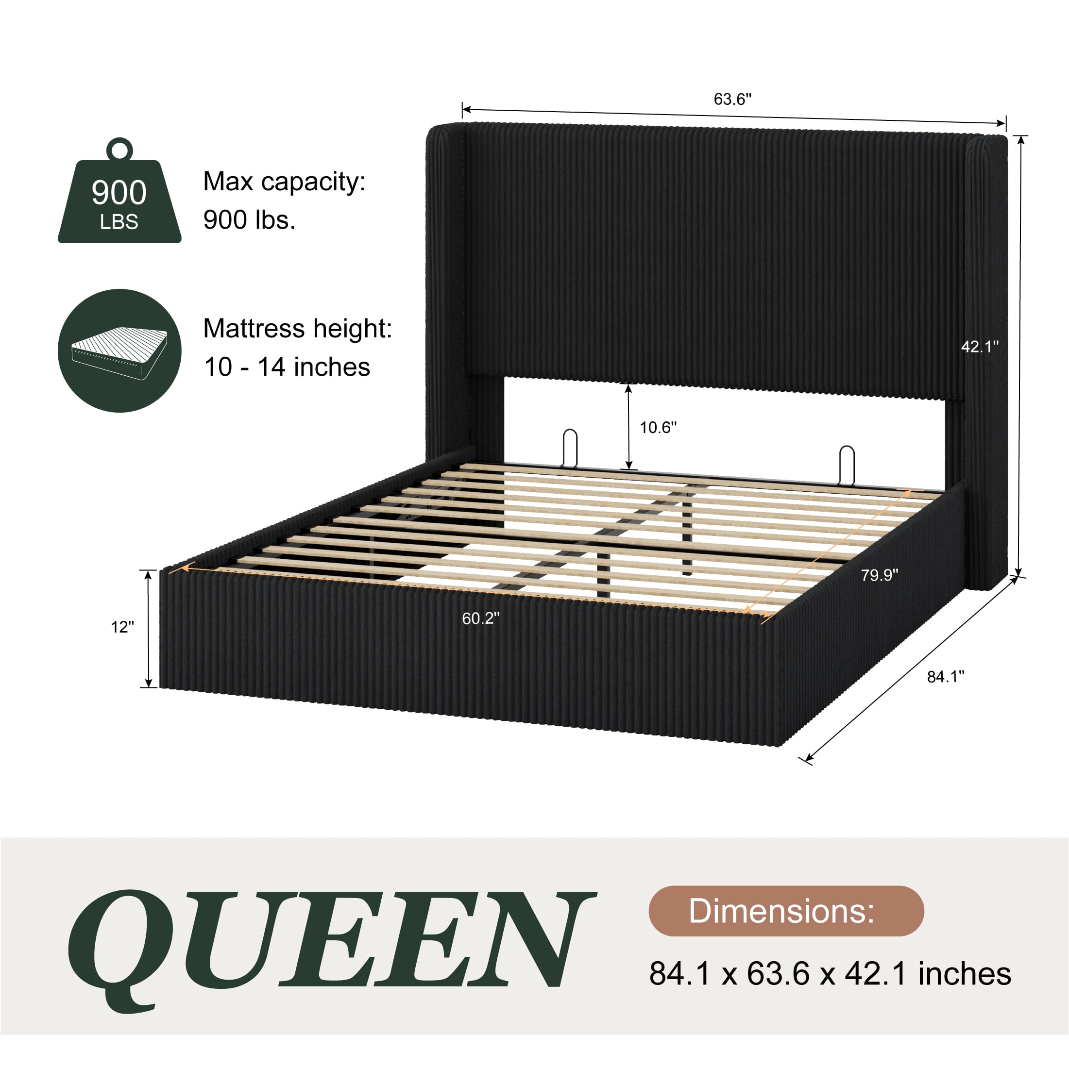 Amolife Queen size Hydraulic Lift Storage Bed Frame with Wingback Headboard, Corduroy Upholstery, Black