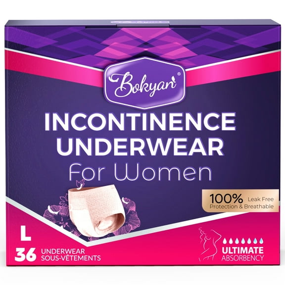 BOKYAN Incontinence Underwear for Women, Adult Diapers, Postpartum Bladder Leak Disposable Underwear, Absorbency, L, 36 Ct