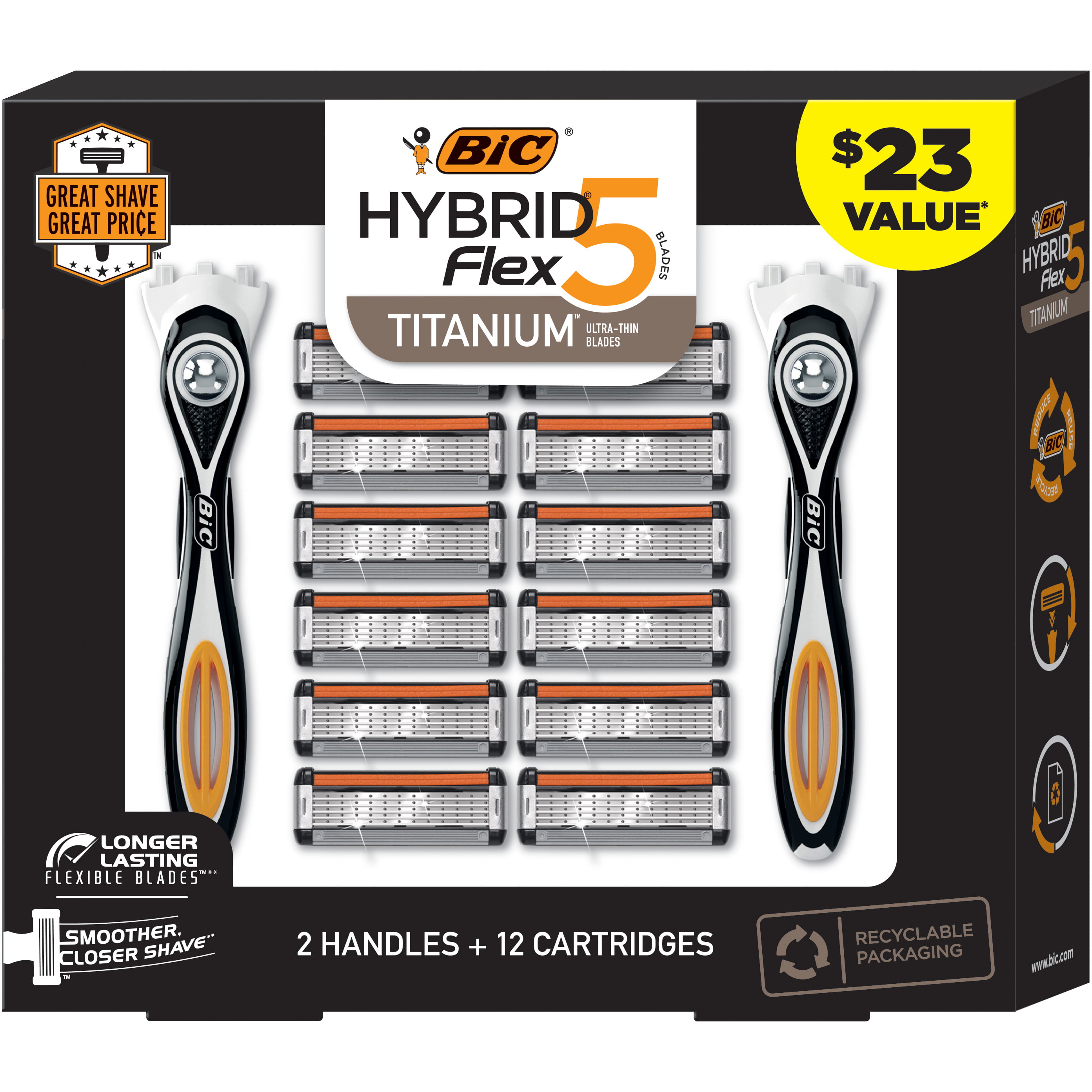 BIC Holiday Gift Set, Hybrid Flex 5, 5 Blade Razors for Men, 2 Handles and 12 Razor Refills, Men's Refillable Razors, Smooth and Close Shave