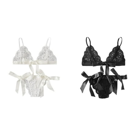 2-Pack Women Bra Underpant Scalloped Trim Tie Side Lace Set Lingerie Bow Wet Look Lingerie for Women Bustier Lingerie for Women Womens Corsets Lingerie Lingerie for