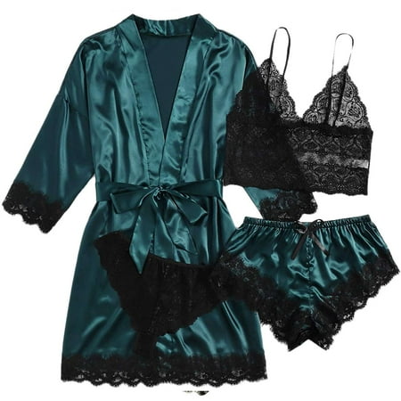 Gustave Women Silk Satin Pajama Set 4Pcs Sexy Lingerie Floral Lace Trim Cami Long Sleeve Robe with Shorts Sleepwear Nightgown Nightwear  Green  L
