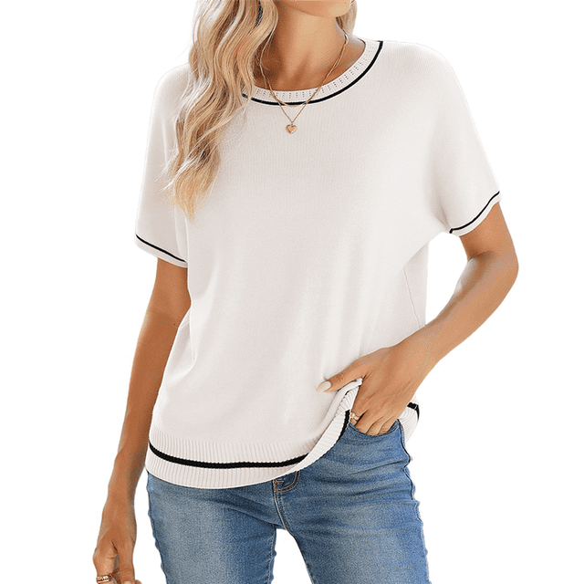 Tops de Mujer, Camisetas Casuales de Corta A , Suéter de Punto con Cuello Redondo. XL