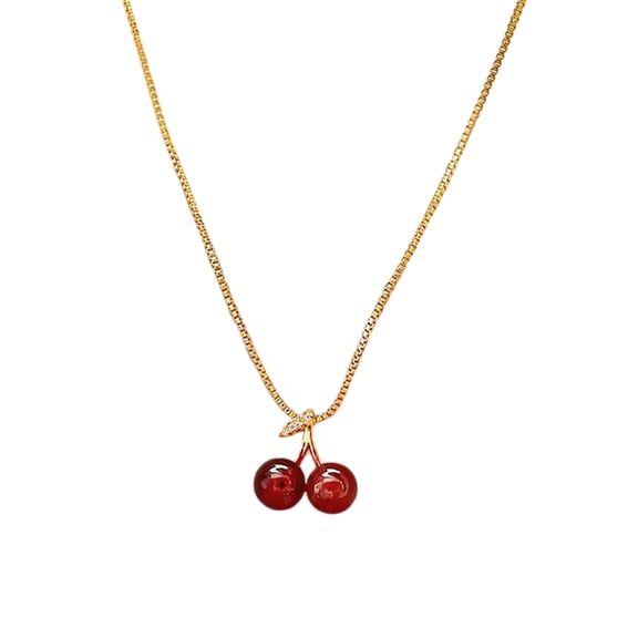 Elegant Red Cherry Accent Gold Chain Necklace Women Party Jewelry Gift