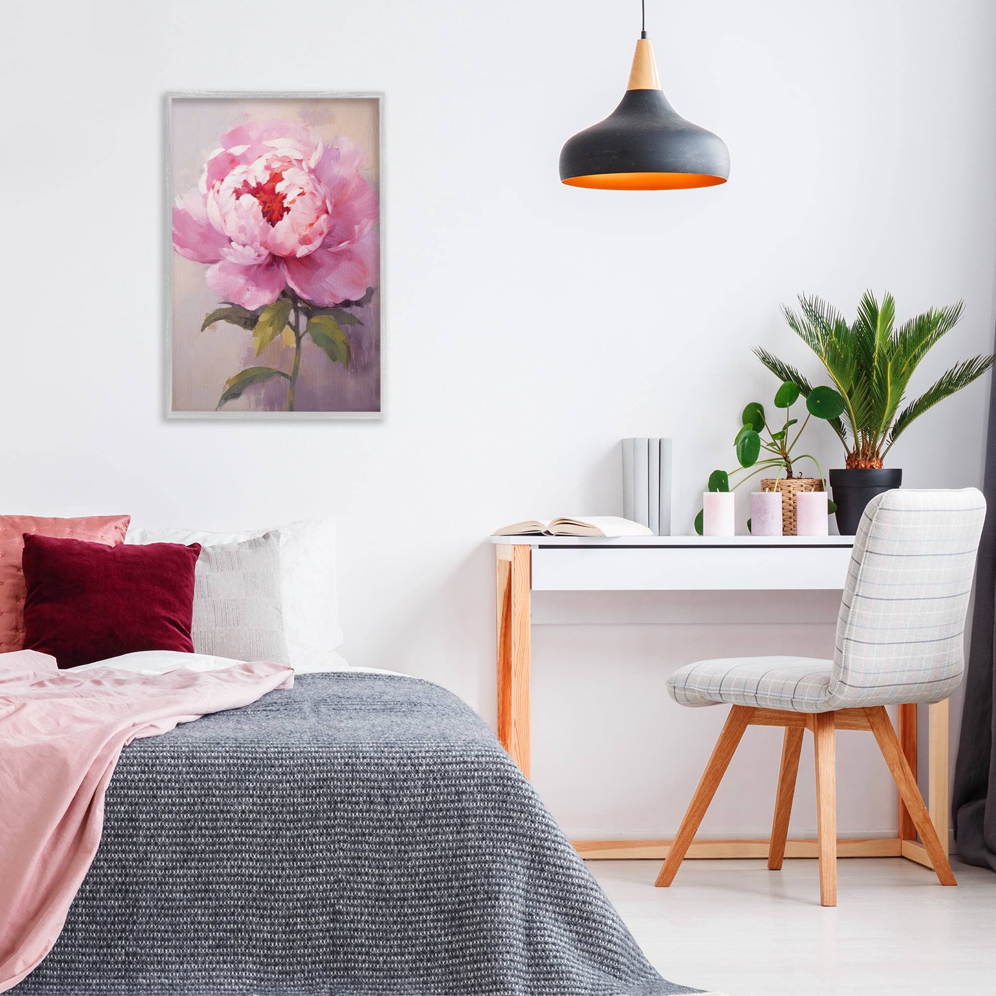 Stupell Industries Blush Pink Peony Botanical & Floral Painting Gray Framed Art Print Wall Art, 20 x 30