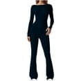 thumbnail image 3 of QATAINLAV One Piece Flare Jumpsuit for Women, Casual Full Length Romper Casual Backless Playsuit Solid Long Sleeve Tight Yoga Workout Overalls Navy M, 3 of 8