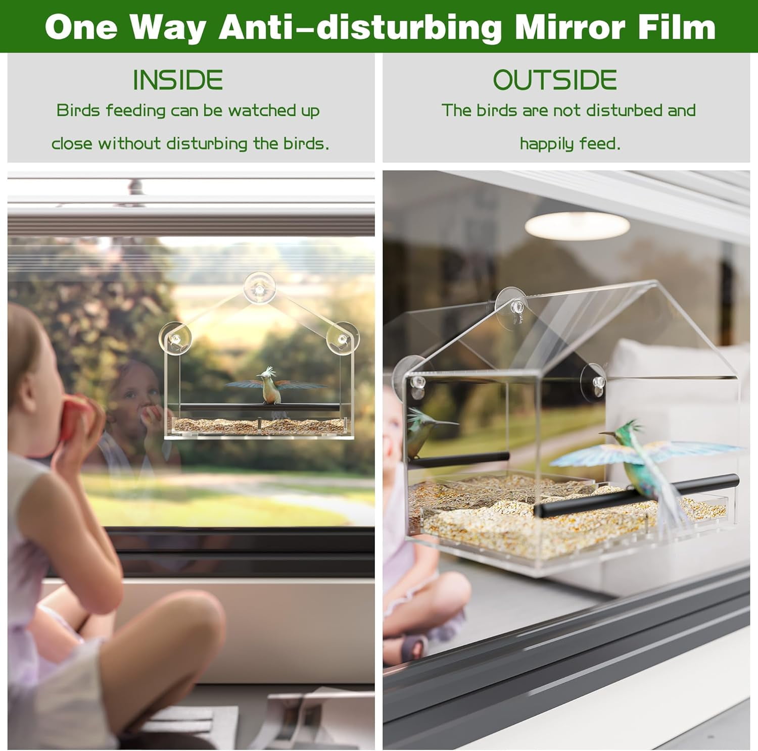 One Way Window Bird Feeder for Outside with Strong Suction Cups, Clear Acrylic Wild Bird House for Cats Viewing, Large Transparent Window Mount Birdfeeder for Bird Lovers Gift