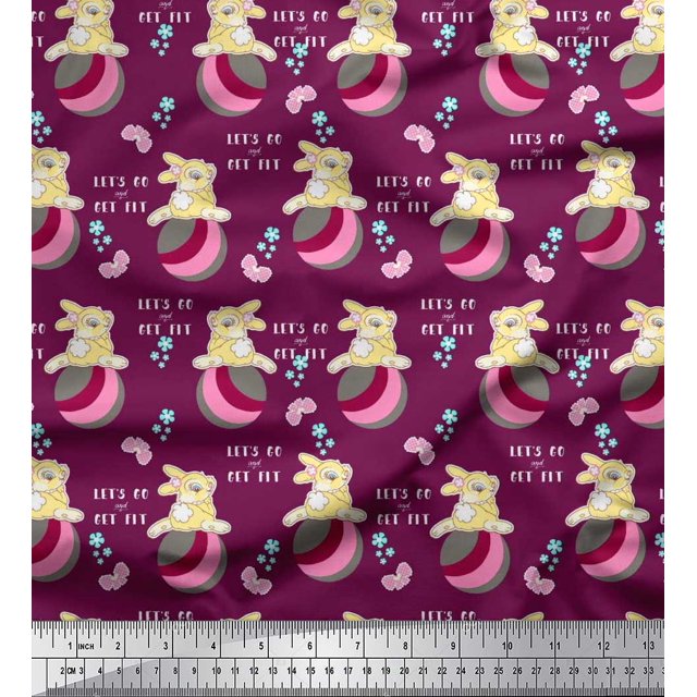Soimoi Rayon Fabric Text,Ball & Bunny Kids Decor Fabric Printed Yard 56 Inch Wide