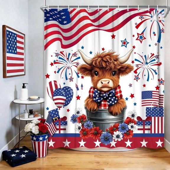 250 Highland Cow Shower Curtain, Cute Patriotic Red White Blue American Flag Shower Curtain with Hooks, Independence Day Waterproof Fabric Farmhouse Bathroom Decor,60X70in