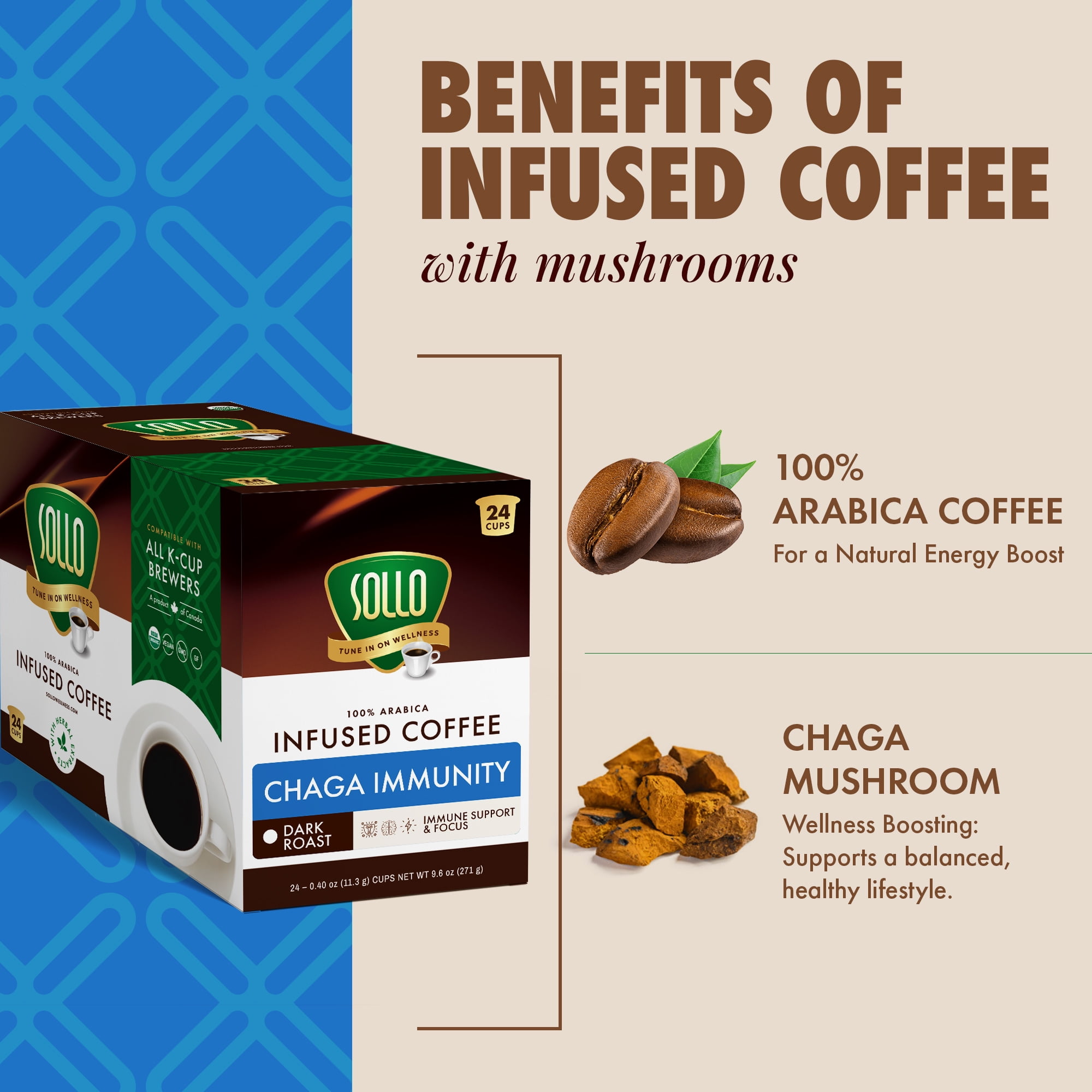 Sollo Chaga Mushroom Coffee Pods Compatible w/ K-Cup Brewers, 24 Ct
