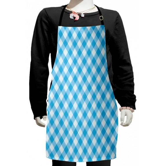 Checkered Kids Apron, Blue and White Gingham Image Country Style Plaid Crossed Stripes, Boys Girls Apron Bib with Adjustable Ties for Cooking Baking Painting, Blue White, by Ambesonne