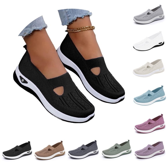 CAIXAI Wide Walking Shoes for Women Orthopedic Dress Shoes for Women Comfortable Mesh Knitted Casual Sneakers for Women on Adjustable Upper Mary Jane Shoes Hands Free Soft Shoes