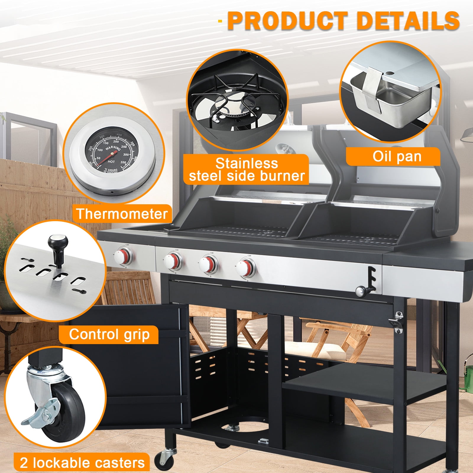 3-Burner Gas and Charcoal Combo Grill with Griddle Plate, 37,230 BTU, Stainless Steel & Enameled Grates, Side Burner + Storage Cabinet for Backyard, Tailgating, Teppanyaki
