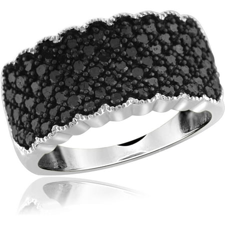 JewelersClub 1.00 CTW Round cut Black Diamond Wide Band Sterling Silver Ring