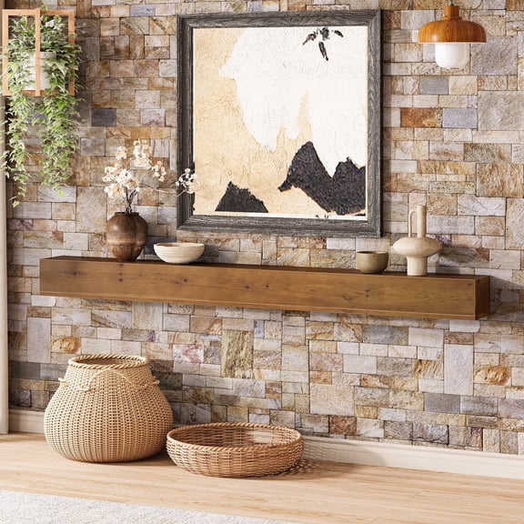 Finmind Fireplace Mantel Shelf, 74.8 Inch Wall Mounted Floating Shelves, Wood Mantel Floating Shelf Storage Display Shelves, Rustic Brown
