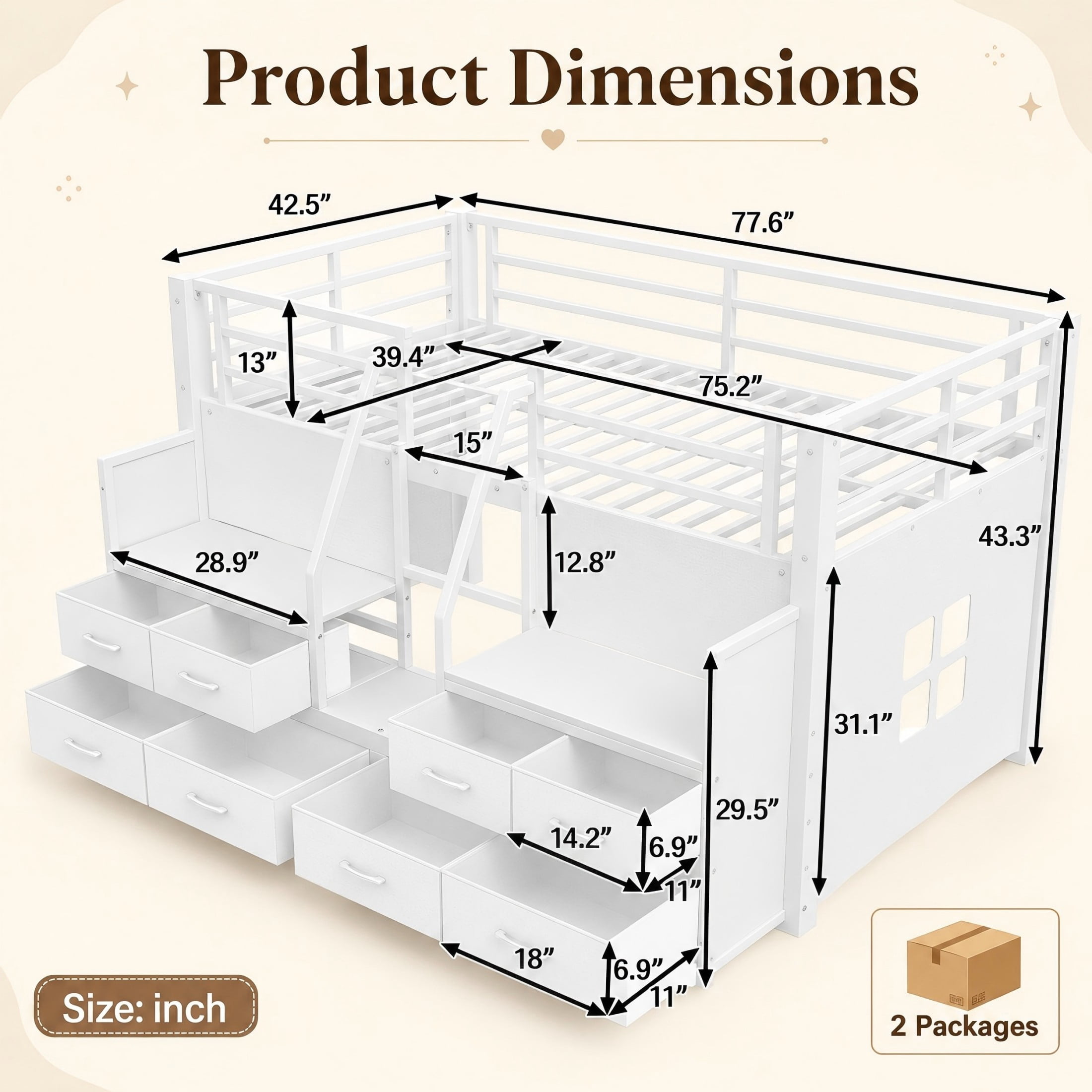 Aukfa Twin Low Loft Bed with 8 Storage Drawers, Shelves & LED Lights, Metal Loft Bed for Kids Bedroom, White