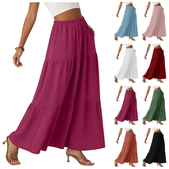 LIBRCLO Skirts for Women Maxi Length Summer Solid Color Skirts with Pocket High Waist Elegant Pleated